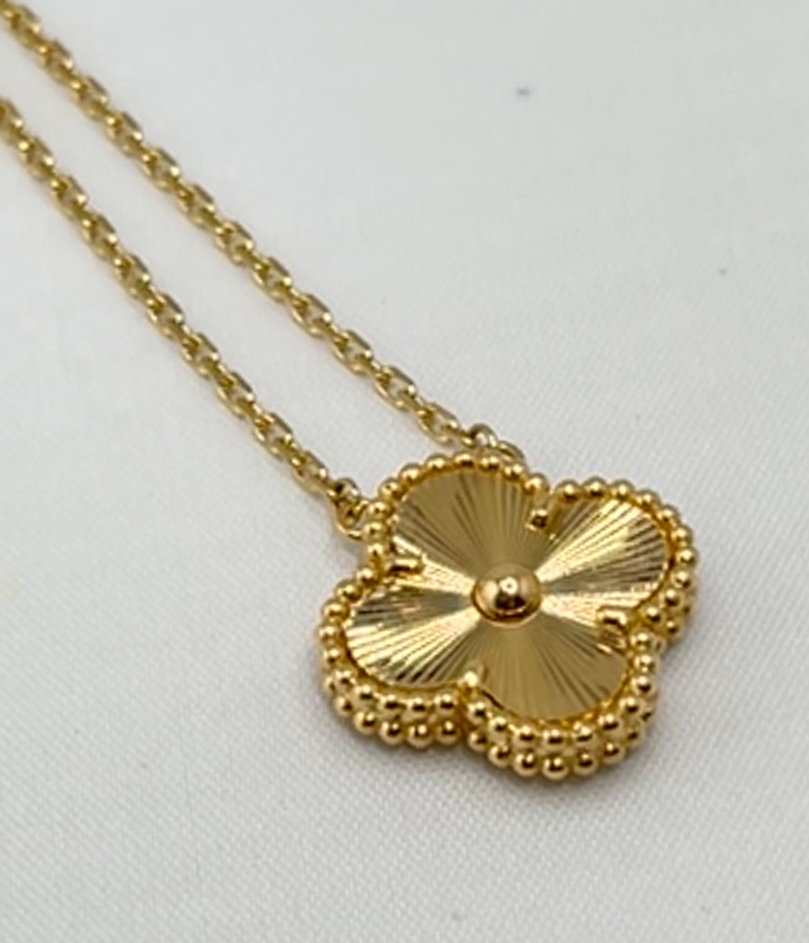 18KT Yellow Gold Hand Crafted Guilloche Pattern Single Clover Pendant Necklace