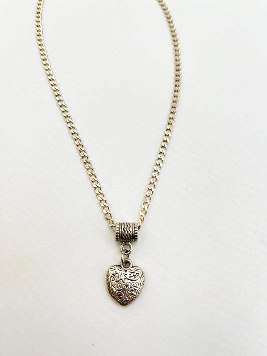 925 Sterling Silver Scrolled Or Filigree Design Heart With Long Curb Link Chain Necklace