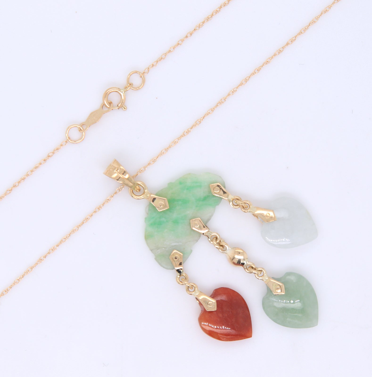 14kt Yellow gold multi color heart shaped Jade dangle necklace