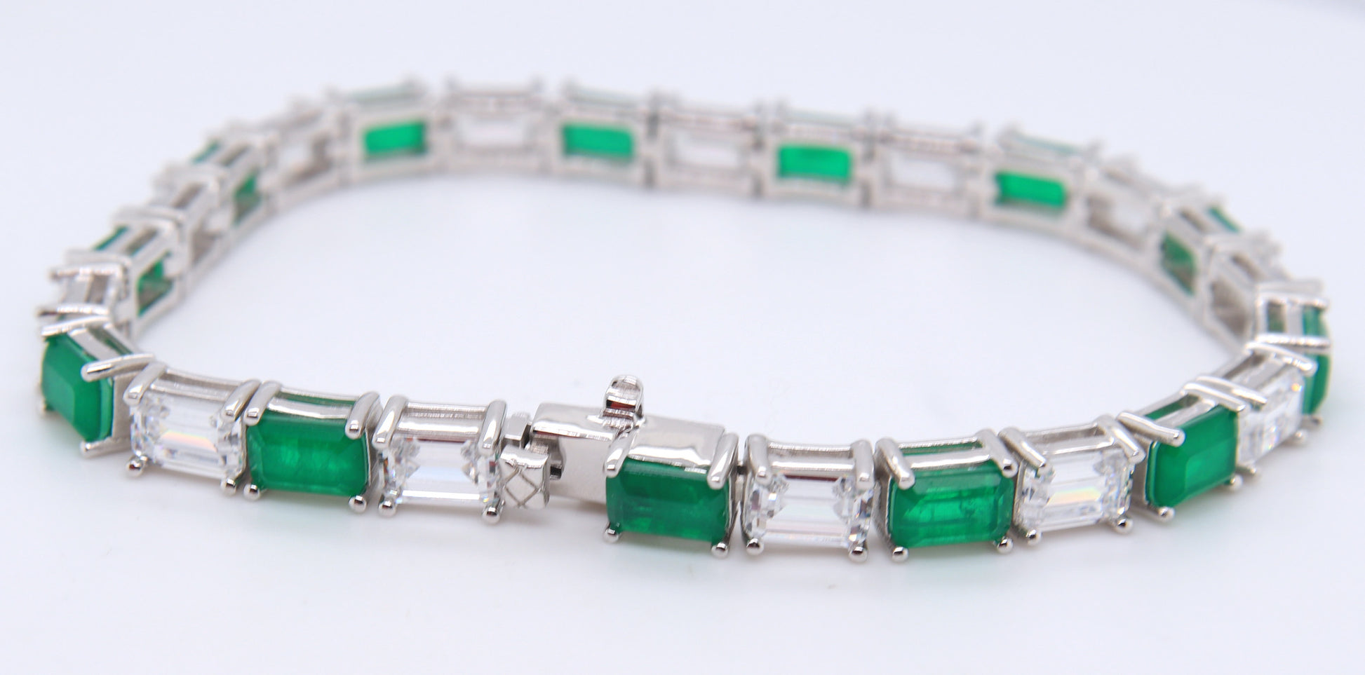 Sterling Silver Green and White Cubic Zirconia Tennis Bracelet