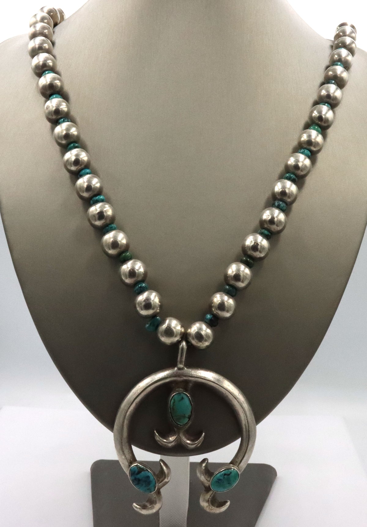 925 Mexican Sterling Silver Vintage Native American Squash Blossom With Turquoise Necklace
