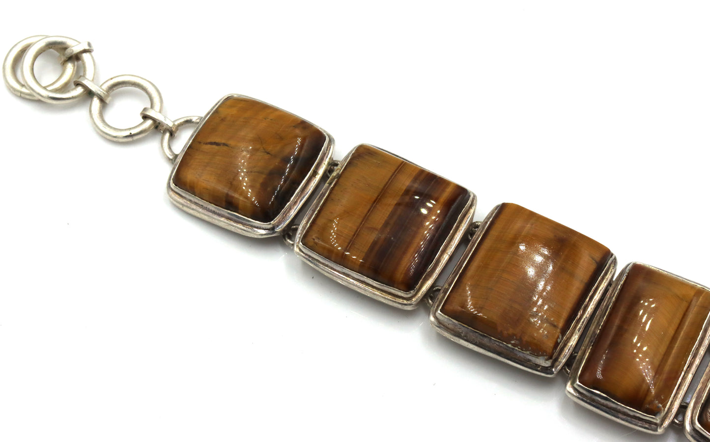 Vintage 925 sterling silver Tiger eye square link adjustable bracelet