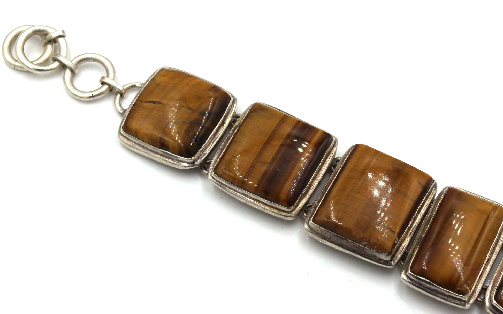 Vintage 925 sterling silver Tiger eye square link adjustable bracelet