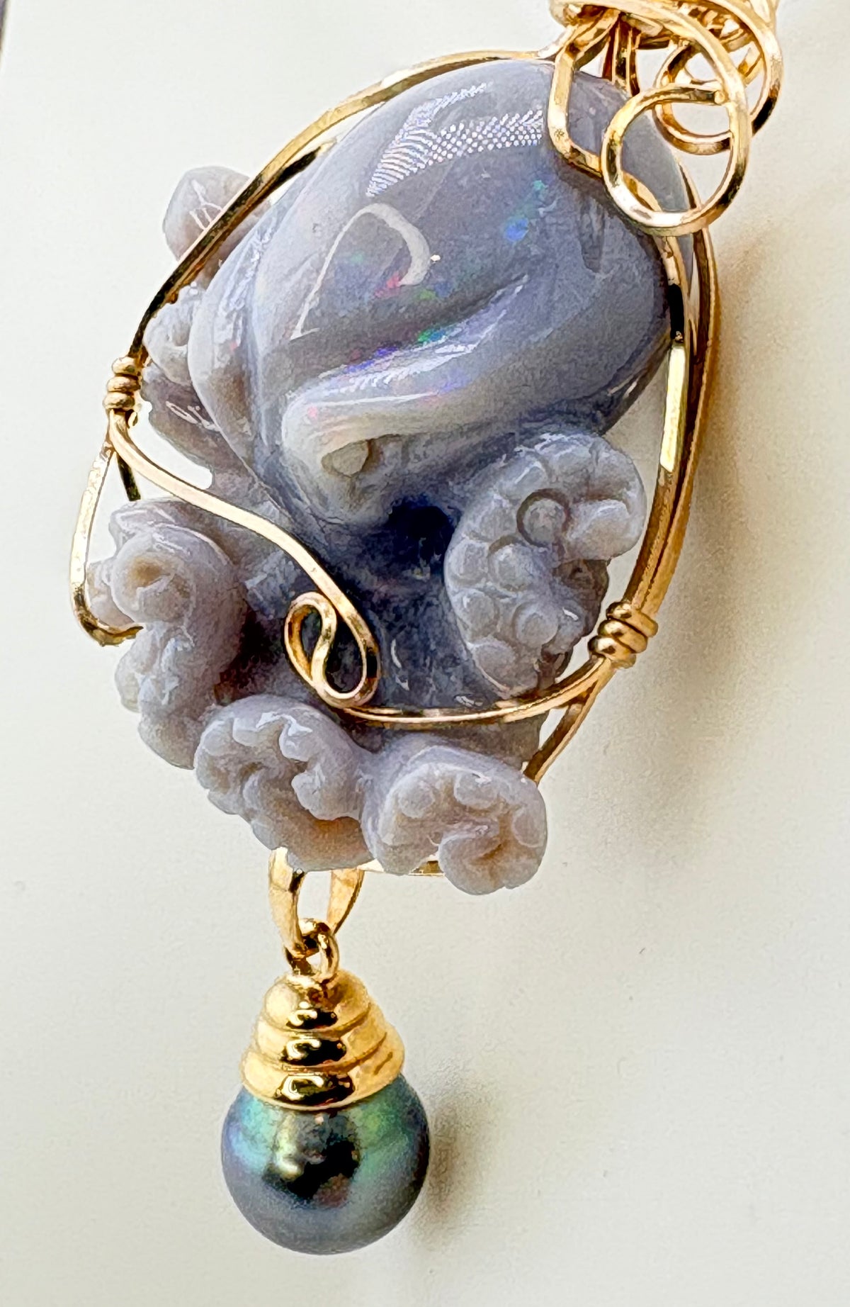 14KT Yellow Gold Hand Carved Jade Octopus  Wrapped In Wire Gold With Pearl Drop Pendant