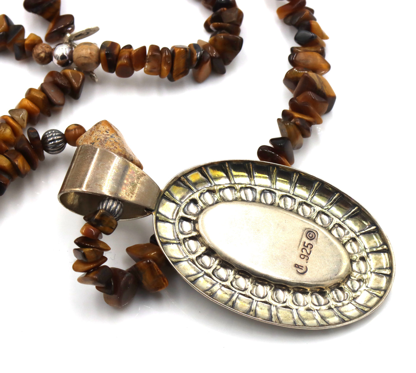 925 Sterling silver tiger eye pendant on beaded tiger eye necklace