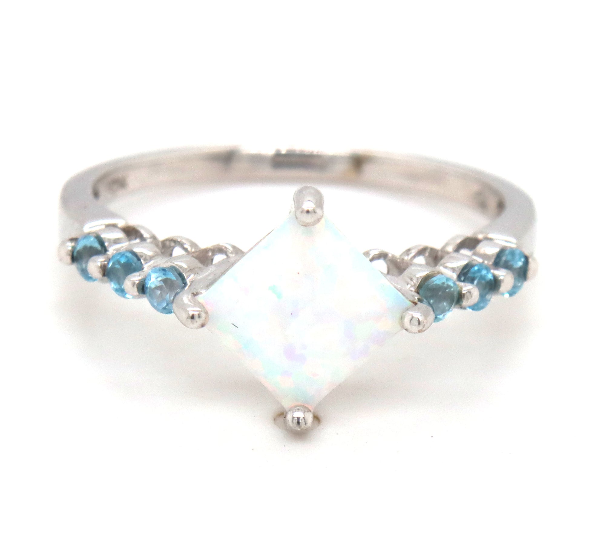 10kt White gold synthetic opal and blue topaz cocktail ring