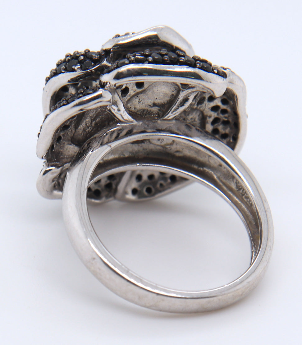 925 Sterling Silver Black Cubic Zirconia Flower Design Ring