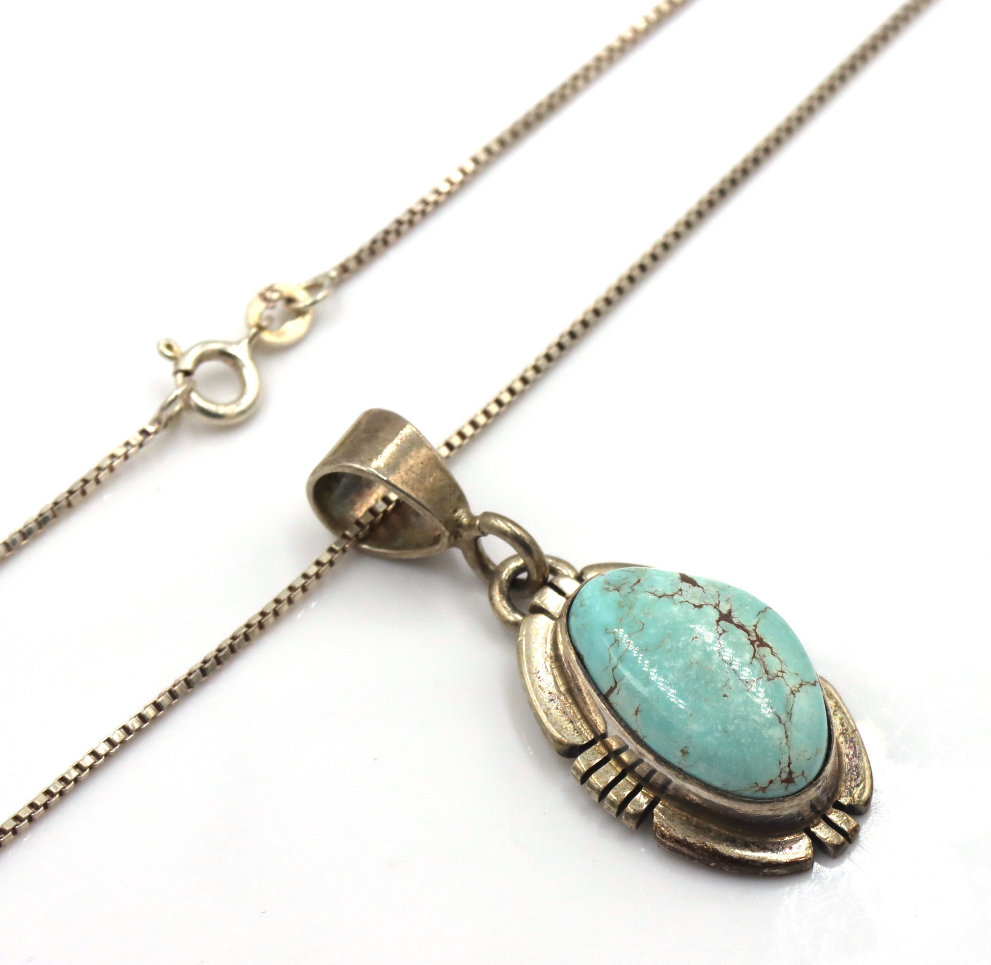 P.Sanchez signed 925 sterling silver turquoise pendant on box chain necklace