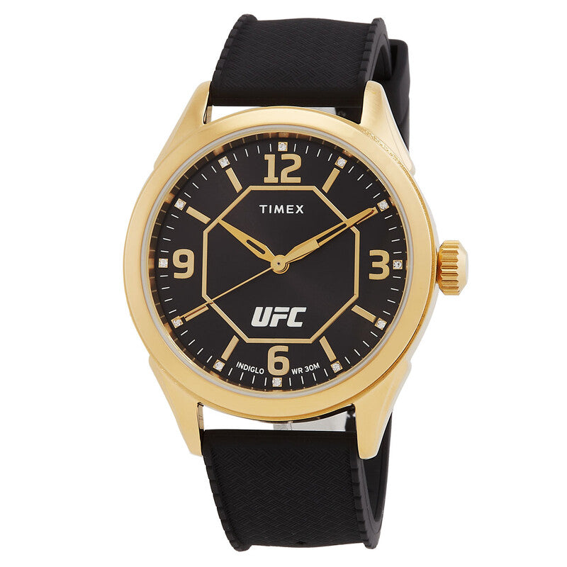 Timex UFC Street Mens Black Dial Gold Tone Stainless Steel Black Silicone Strap Quartz Watch