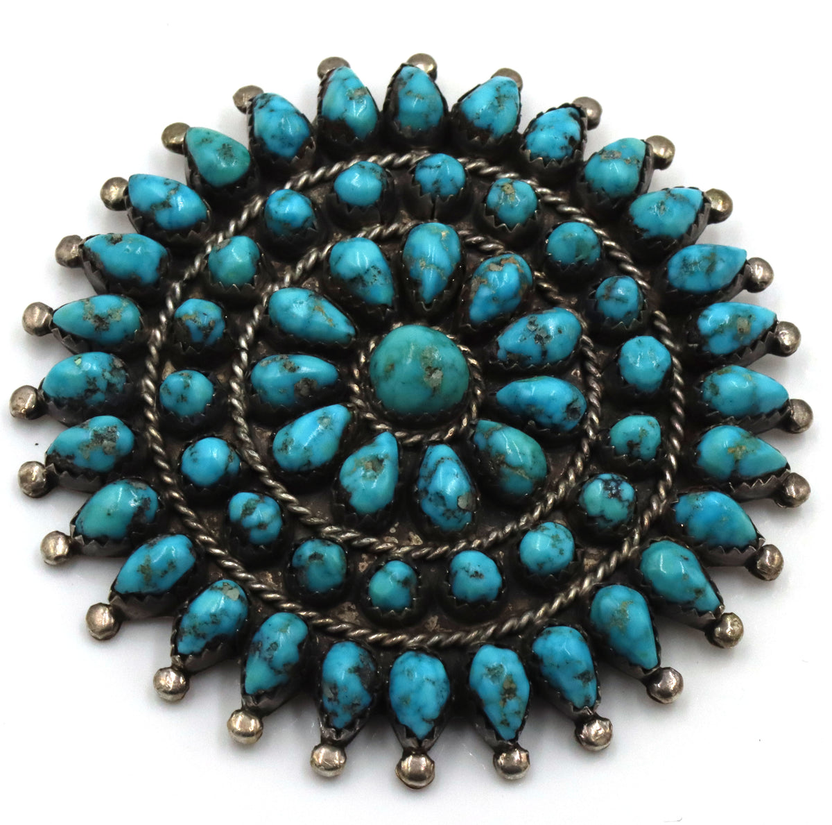 925 Sterling Silver Zuni Navajo Turquoise Cluster Round Brooch