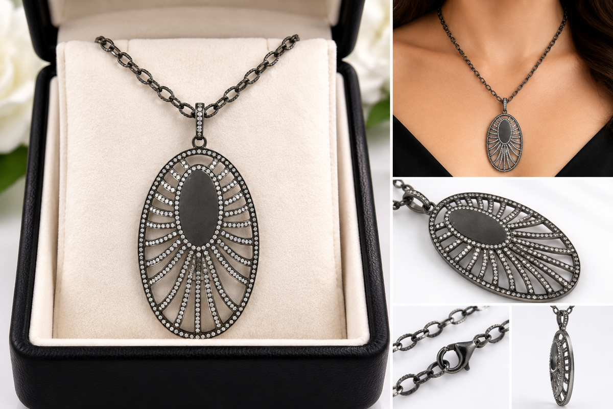 Edgy Oxidized Sterling Silver Openwork Art Deco Style Oval Necklace