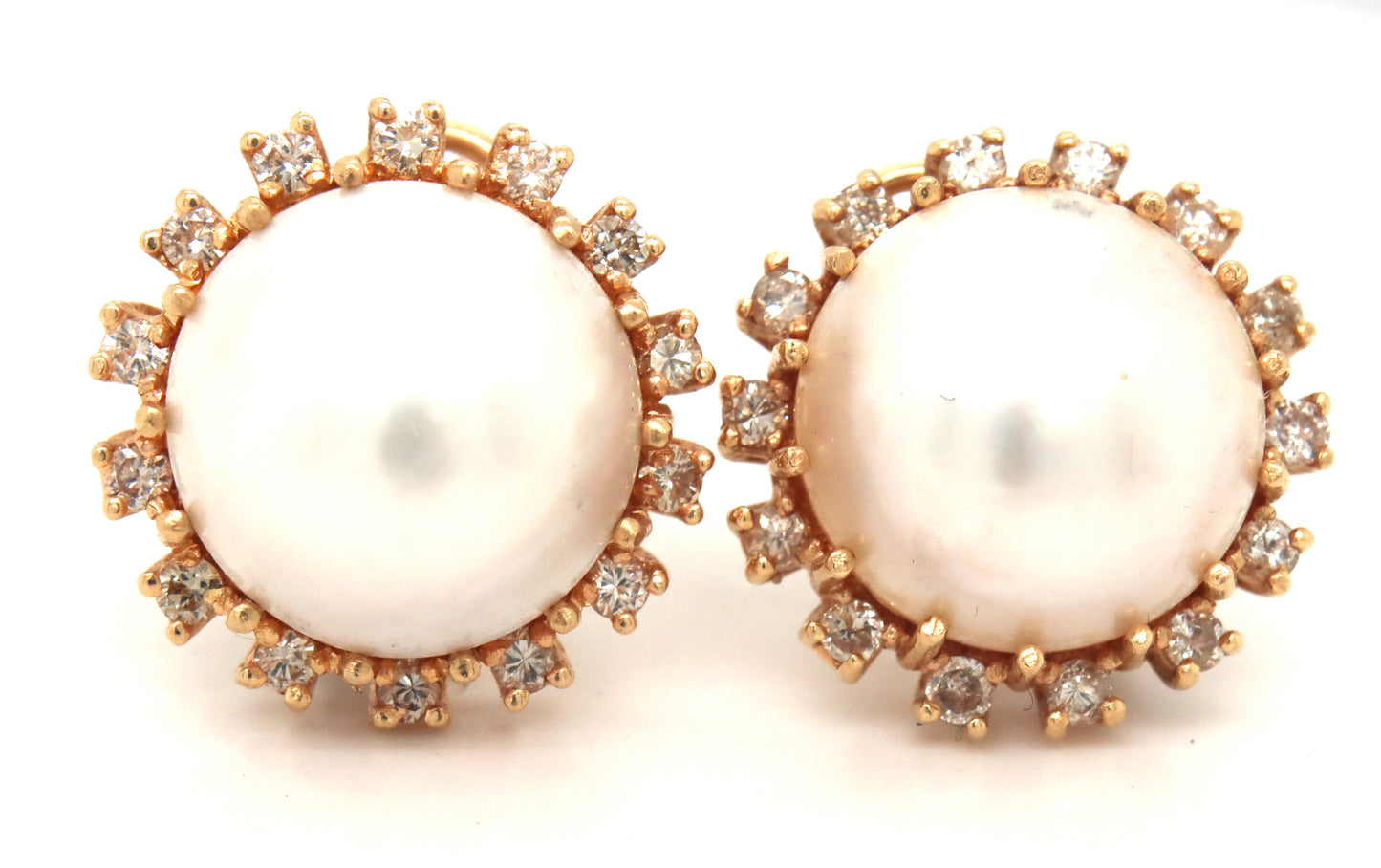 14kt Yellow gold white fresh water button earrings with diamonds