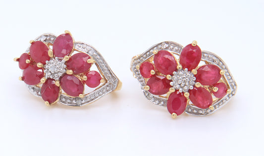 10KT Yellow Gold Flower Cluster Ruby Earrings