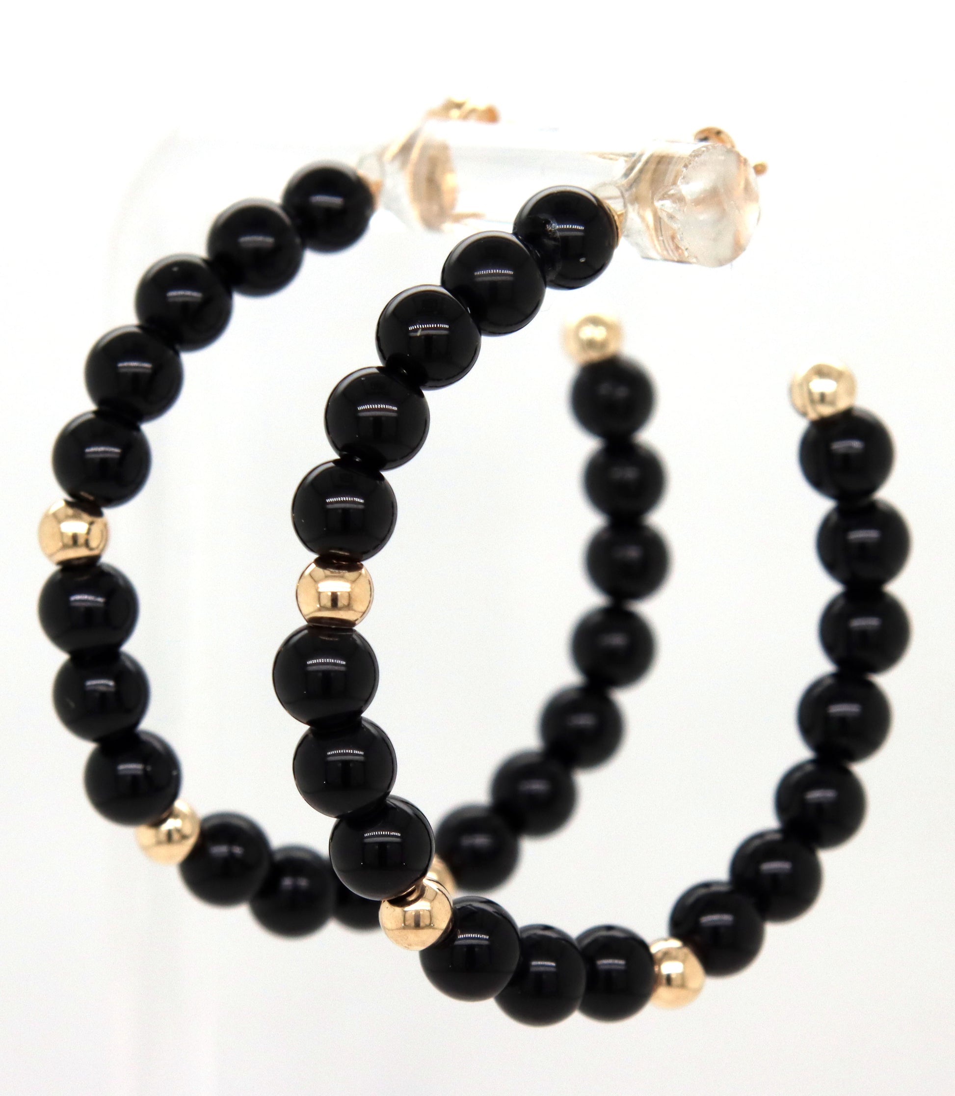 14kt Yellow gold black onyx and gold bead hoop earrings