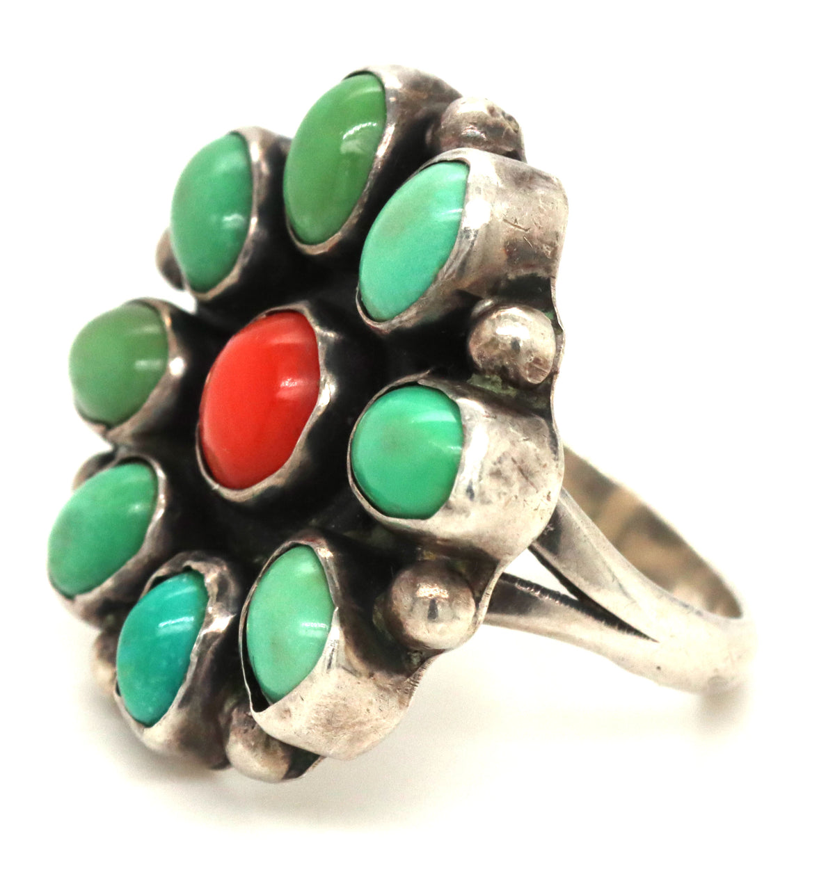 925 Sterling Silver Vintage Navajo Coral And Turquoise Flower Power Ring