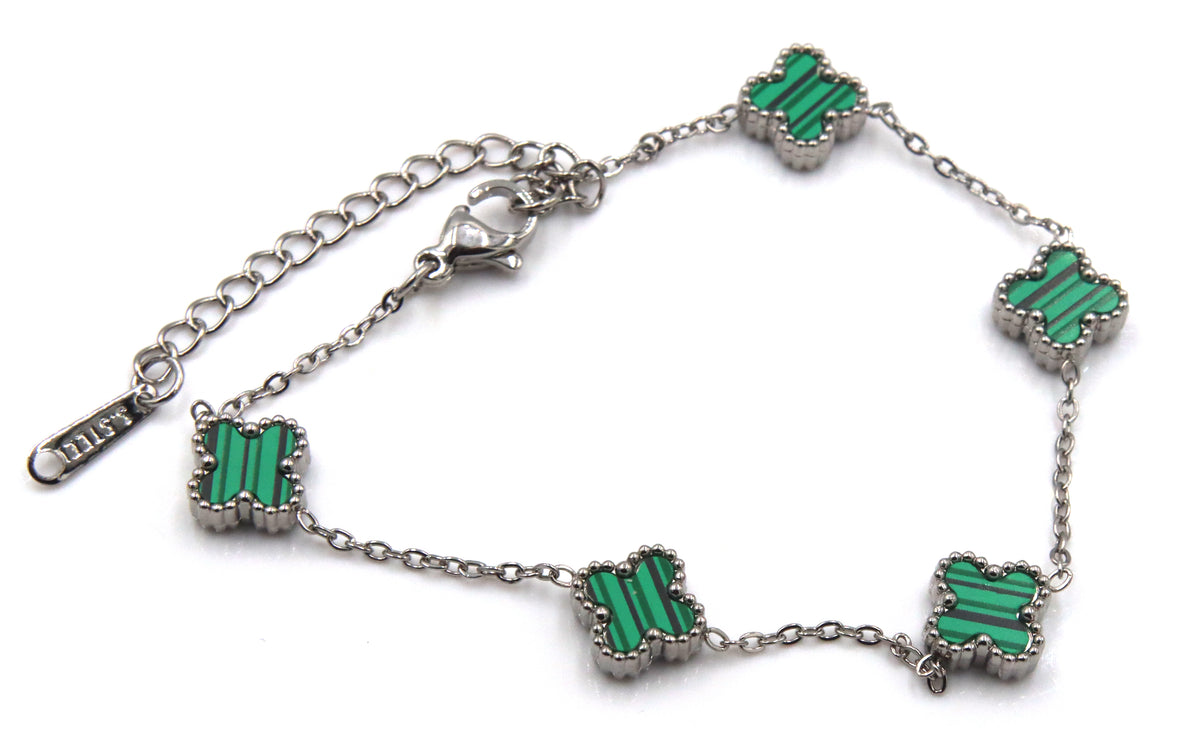 Stainless steel green stone clover station bracelet