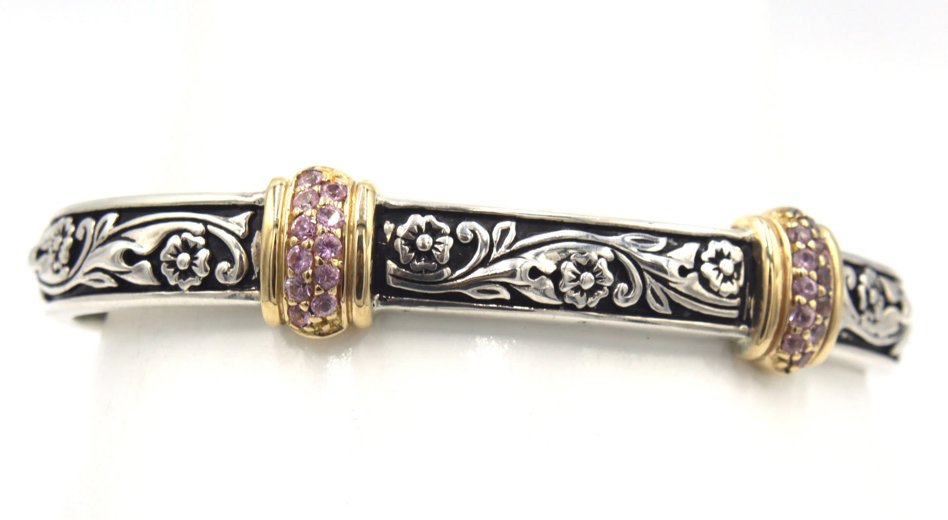 925 Sterling silver two tone cuff bangle with pave pink sapphire