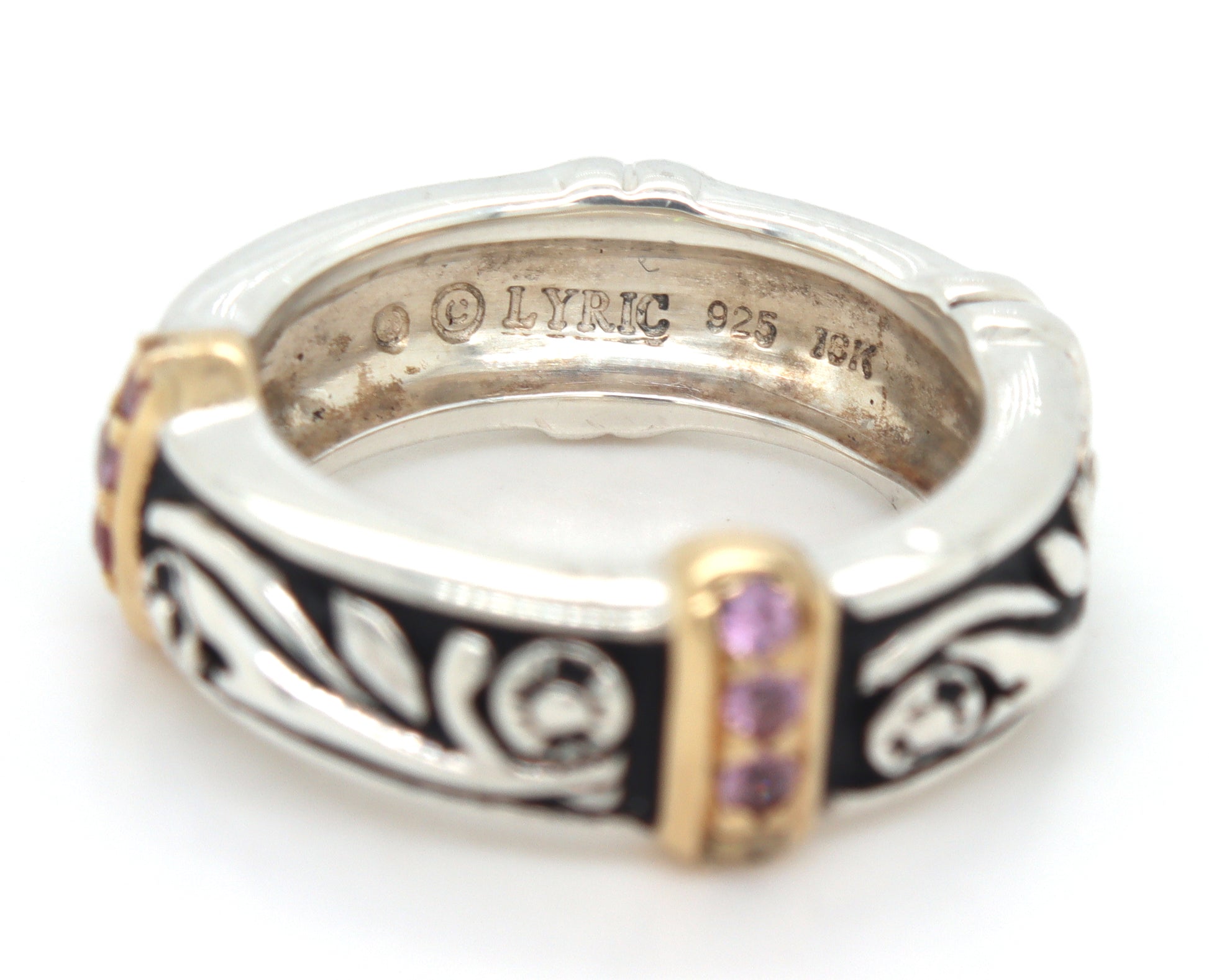 925 Sterling silver two tone band with pave pink sapphires