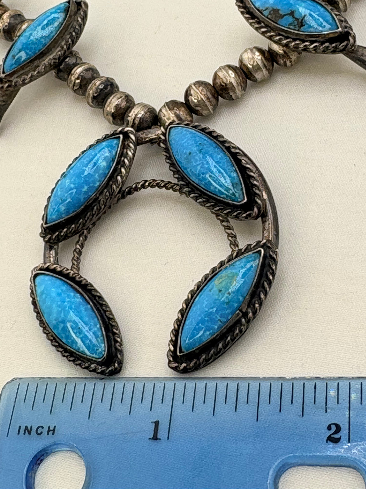 925 Sterling Silver Vintage Native American Turquoise Squash Blossom Necklace With Central Naja Pend