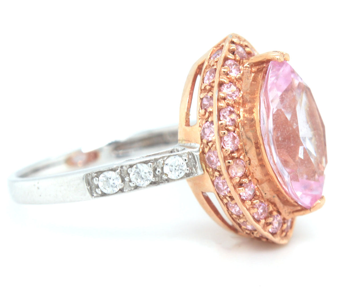 14kt White gold marquise pink topaz with tourmaline and CZ accents ring