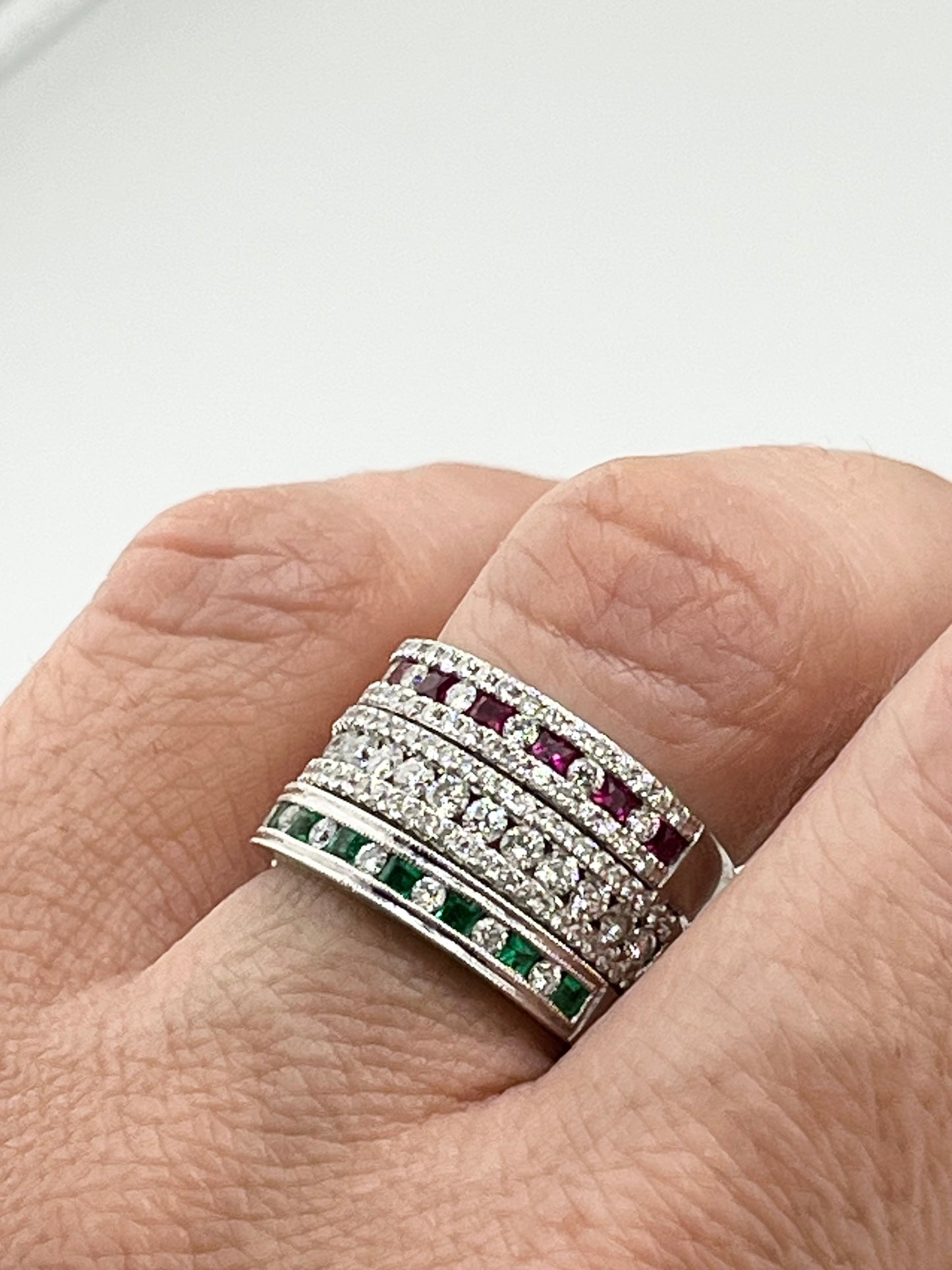 14KT White Gold Attached Eternity Band Set In Ruby, Emerald And Diamond Ring