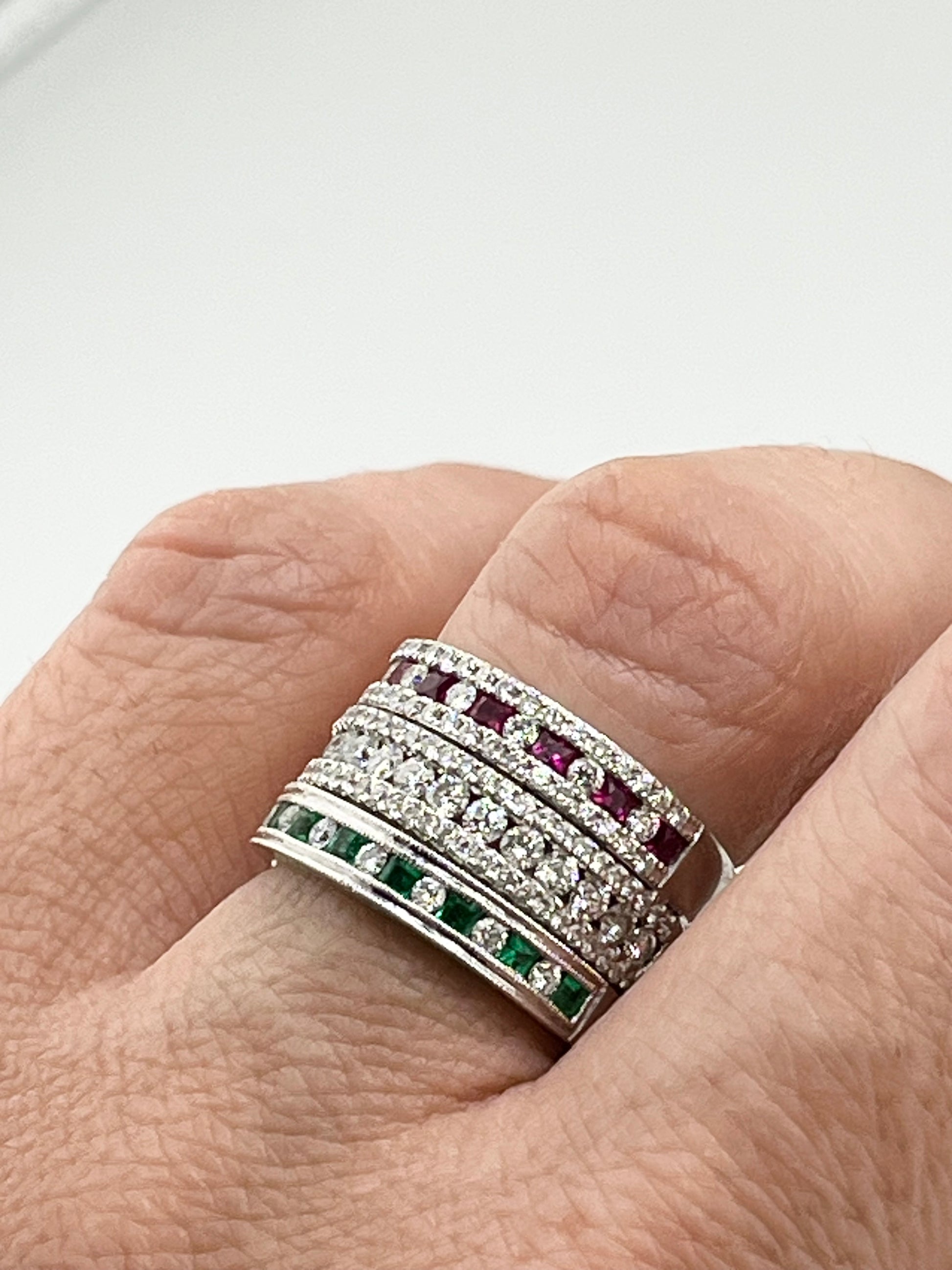 14KT White Gold Attached Eternity Band Set In Ruby, Emerald And Diamond Ring