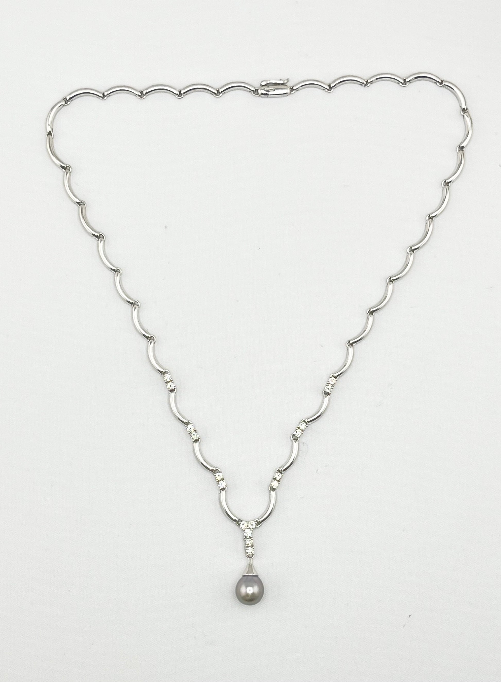 14KT White Gold U Shaped Link Chain Accented With Diamond and Tahitian Pearl Drop Necklace