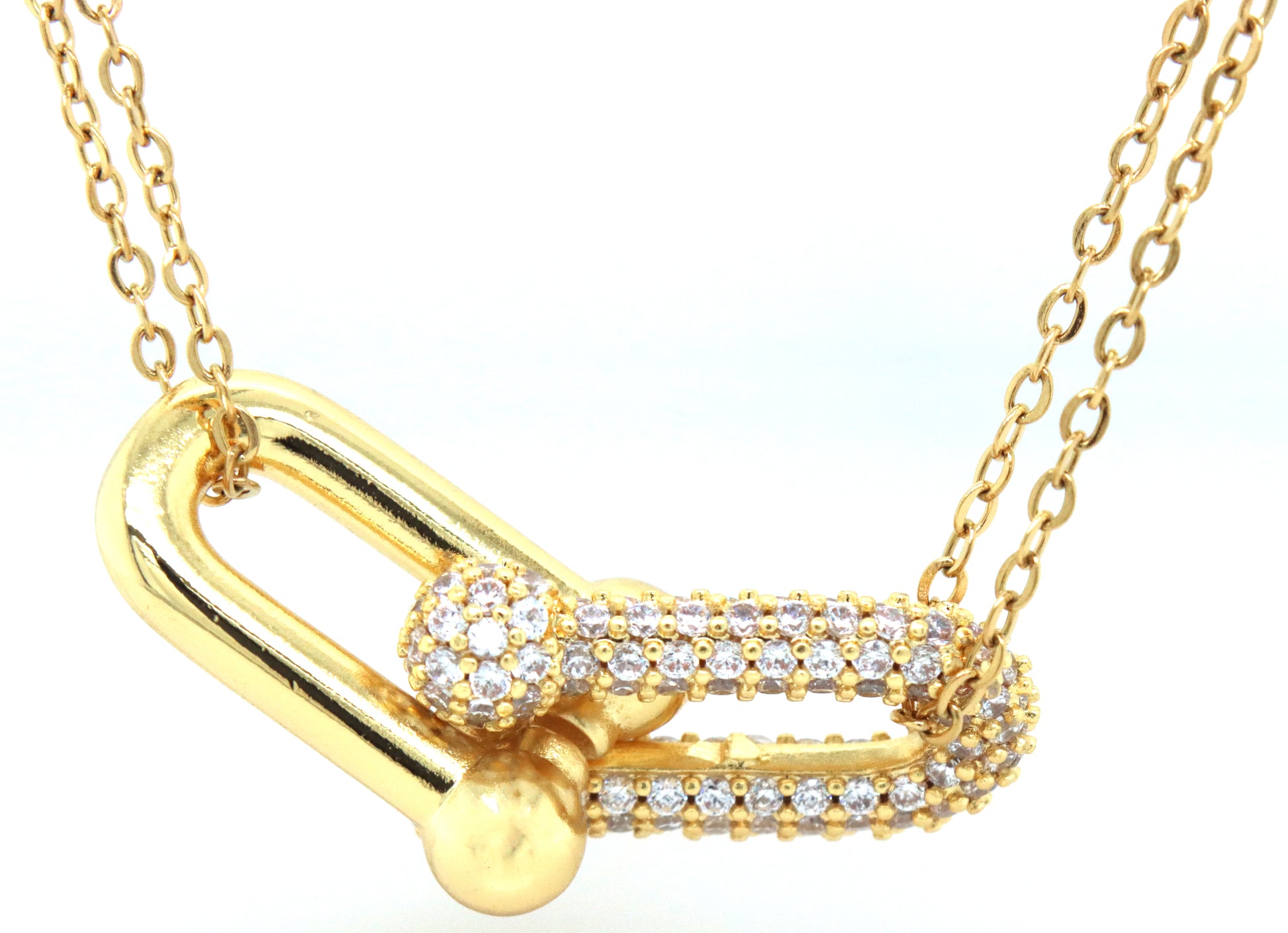 Stainless steel crystal pendant double row chain necklace