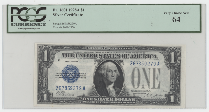 1928A $1 Silver Certificate Fr. 1601 PCGS Very Choice New 64 Blue Seal Large Size Note