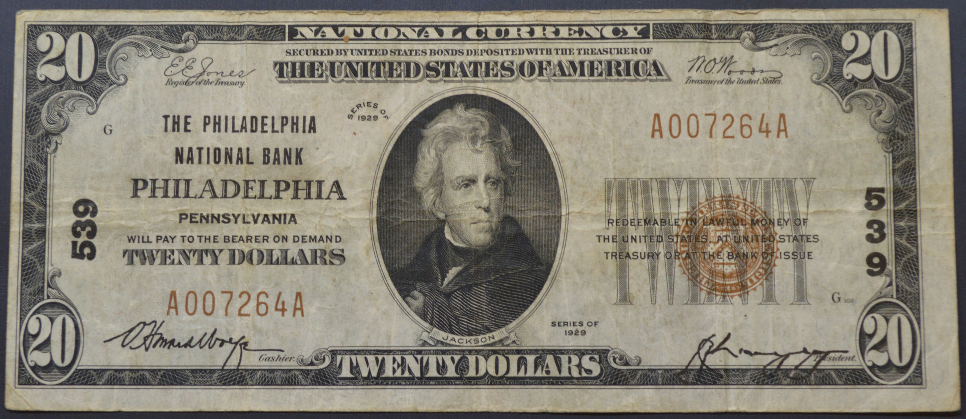 1929 $20 The Philadelphia National Bank, Philadelphia, PA National Currency Note Charter #539 Fr. 18
