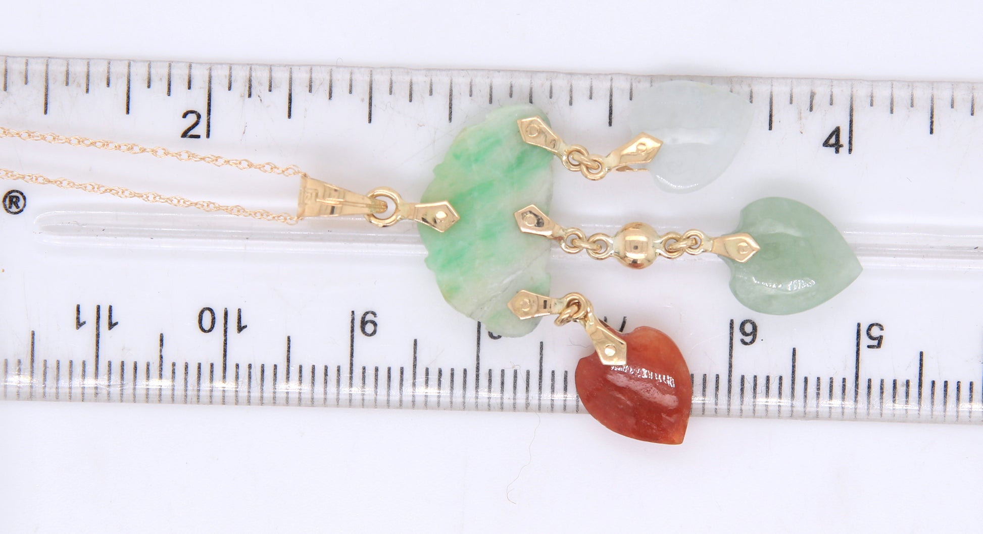 14kt Yellow gold multi color heart shaped Jade dangle necklace