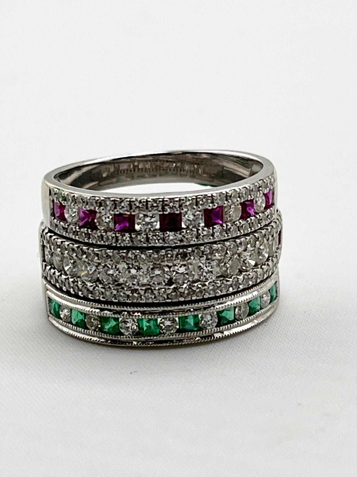 14KT White Gold Attached Eternity Band Set In Ruby, Emerald And Diamond Ring