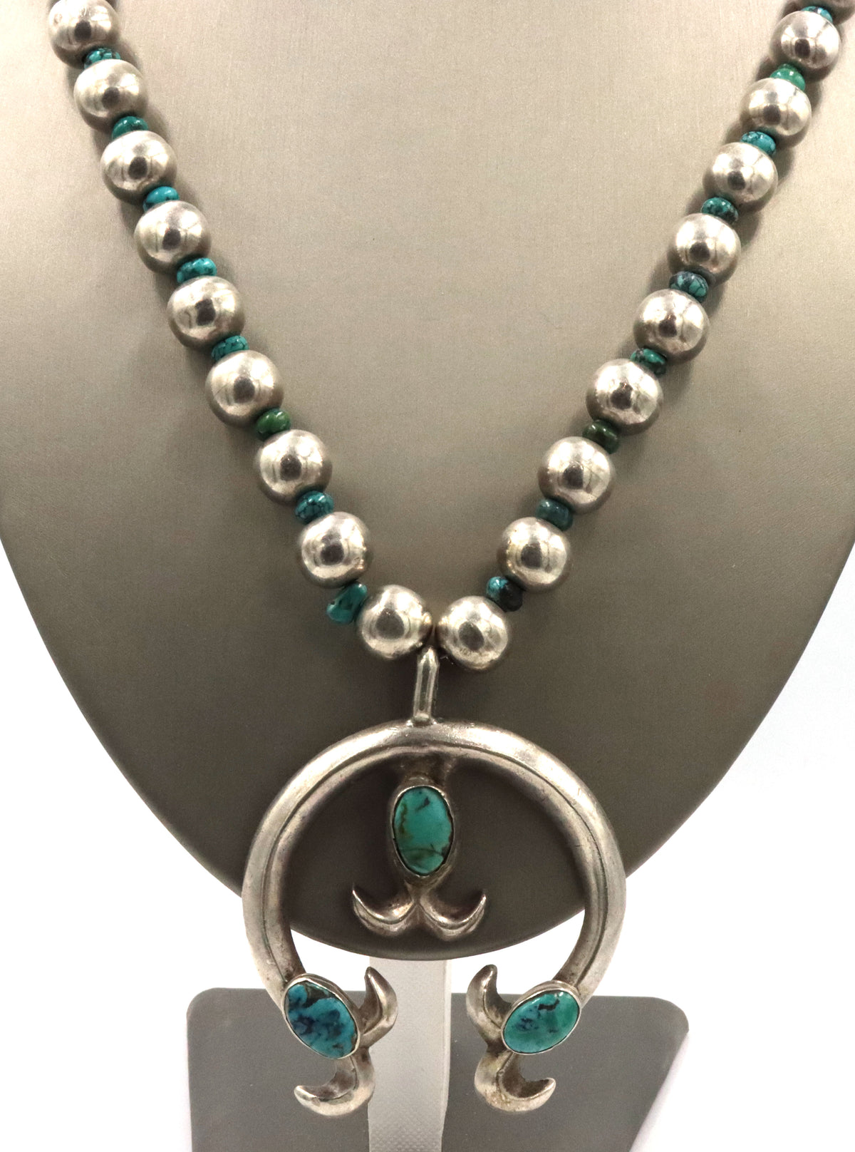 925 Mexican Sterling Silver Vintage Native American Squash Blossom With Turquoise Necklace