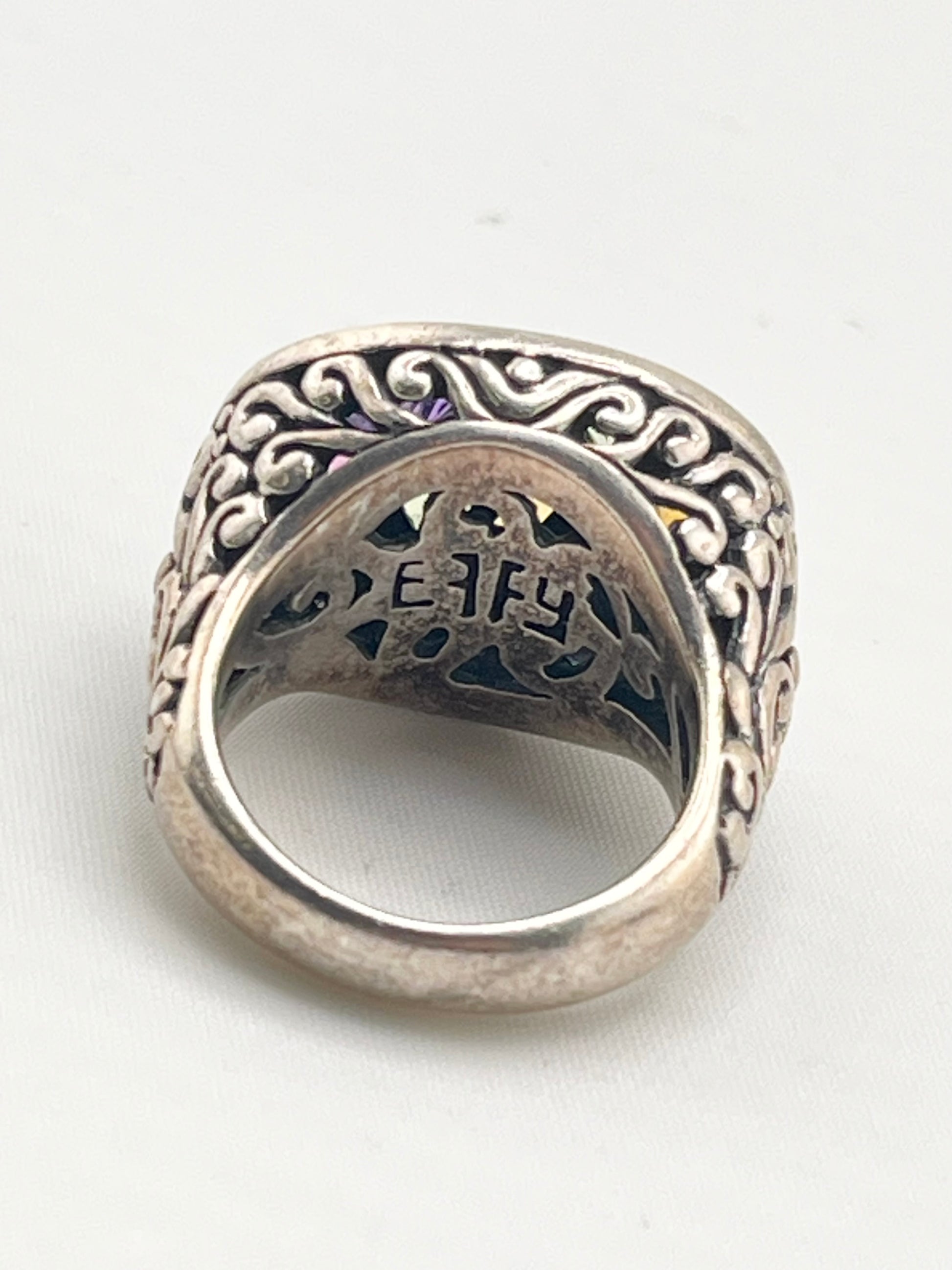 925 Sterling Silver EFFY Balisssima Multi Gemstone And Ornate 18KT Yello Gold Accent Ring