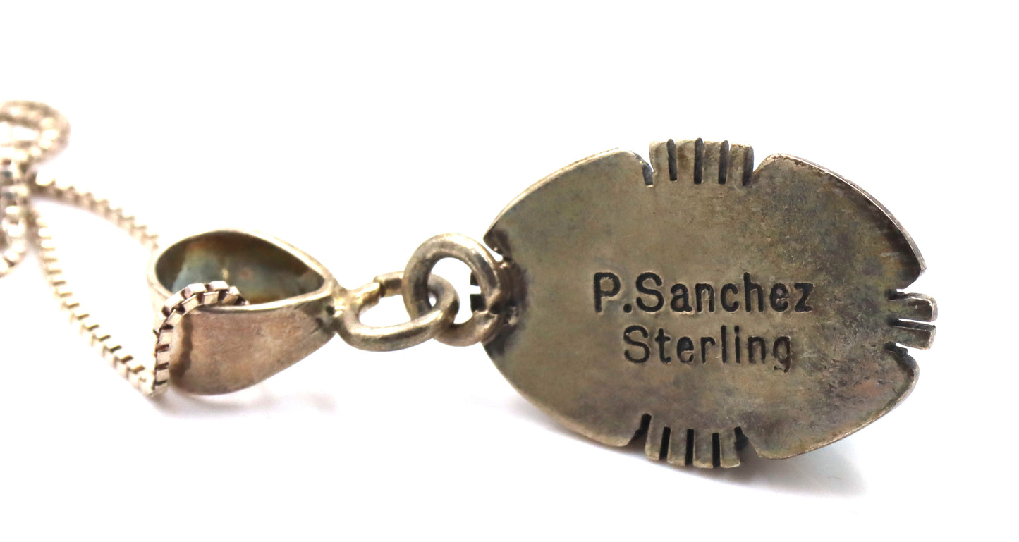 P.Sanchez signed 925 sterling silver turquoise pendant on box chain necklace