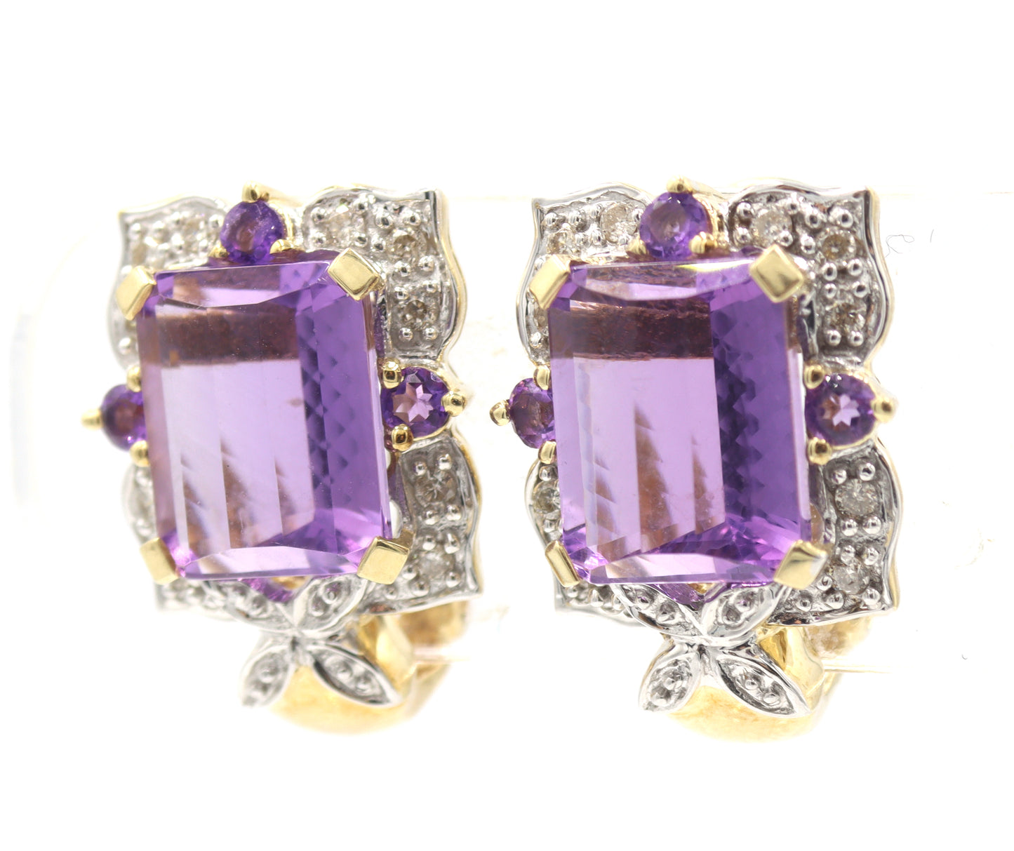 14kt two tone gold amethyst and diamond frame clip on earrings