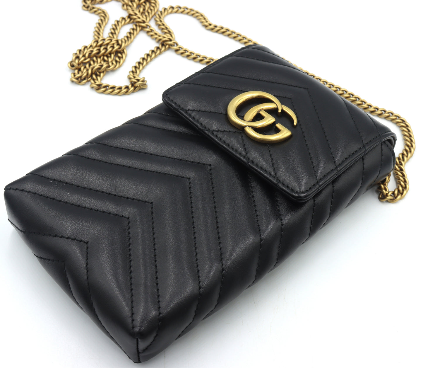 Gucci GG Marmont black chevron leather phone pouch chain cross body bag