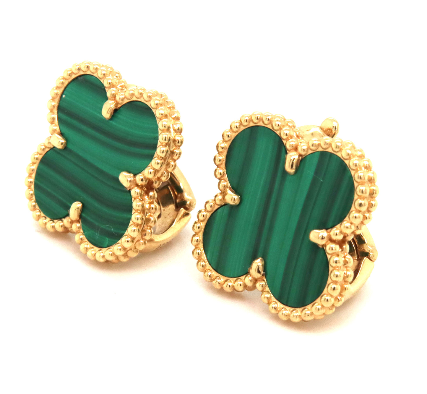 18KT Yellow Gold Stunning Green Malachite large Clover Stud Earrings