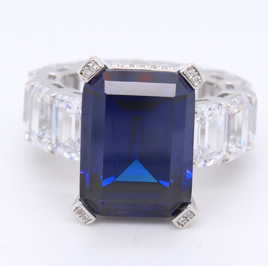 Sterling Silver Emerald Cut Navy Blue Ring with White Cubic Zirconia Band