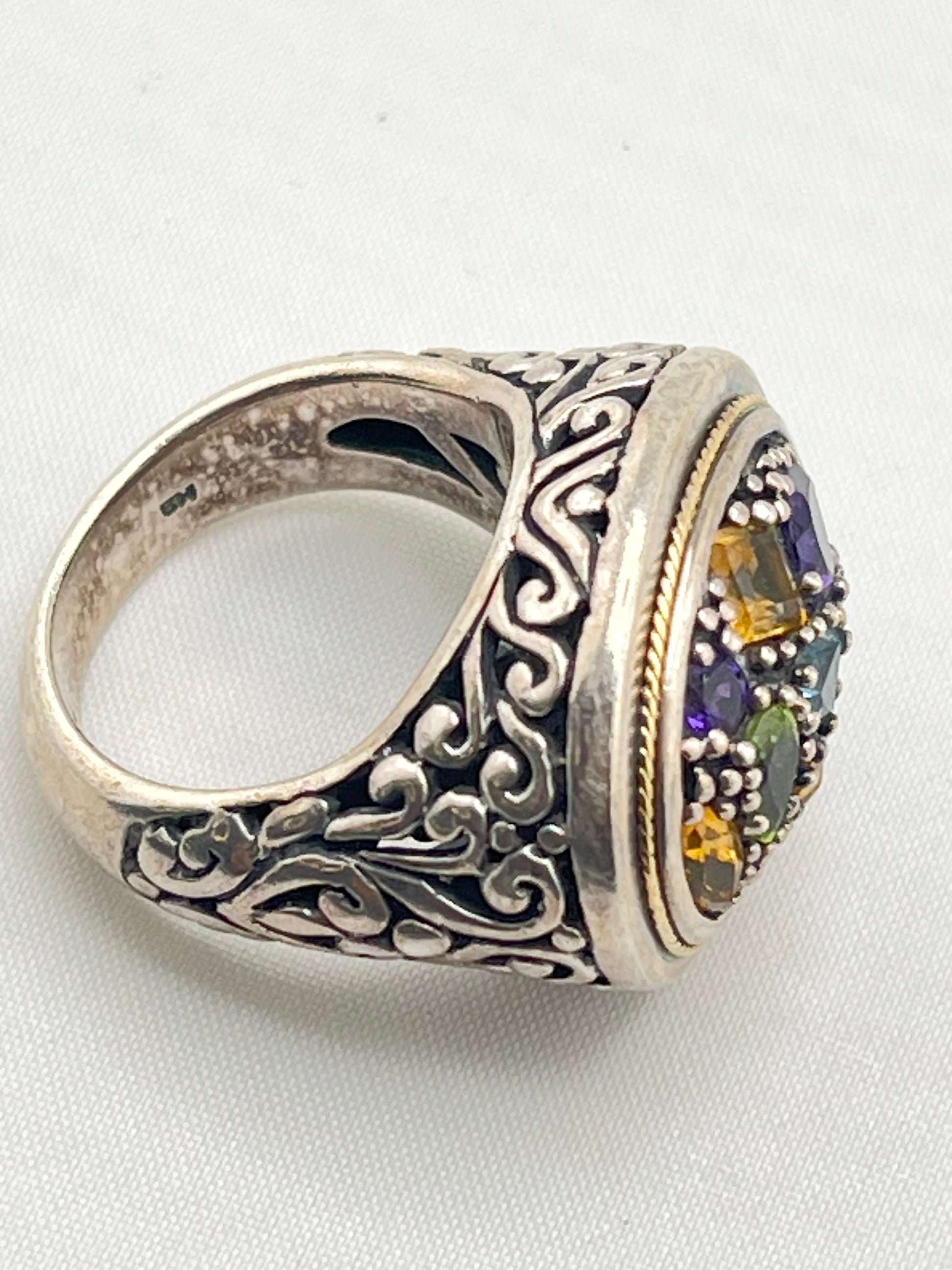 925 Sterling Silver EFFY Balisssima Multi Gemstone And Ornate 18KT Yello Gold Accent Ring