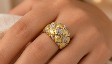 14KT Yellow Gold Quilted Dome Diamond Pave Ring