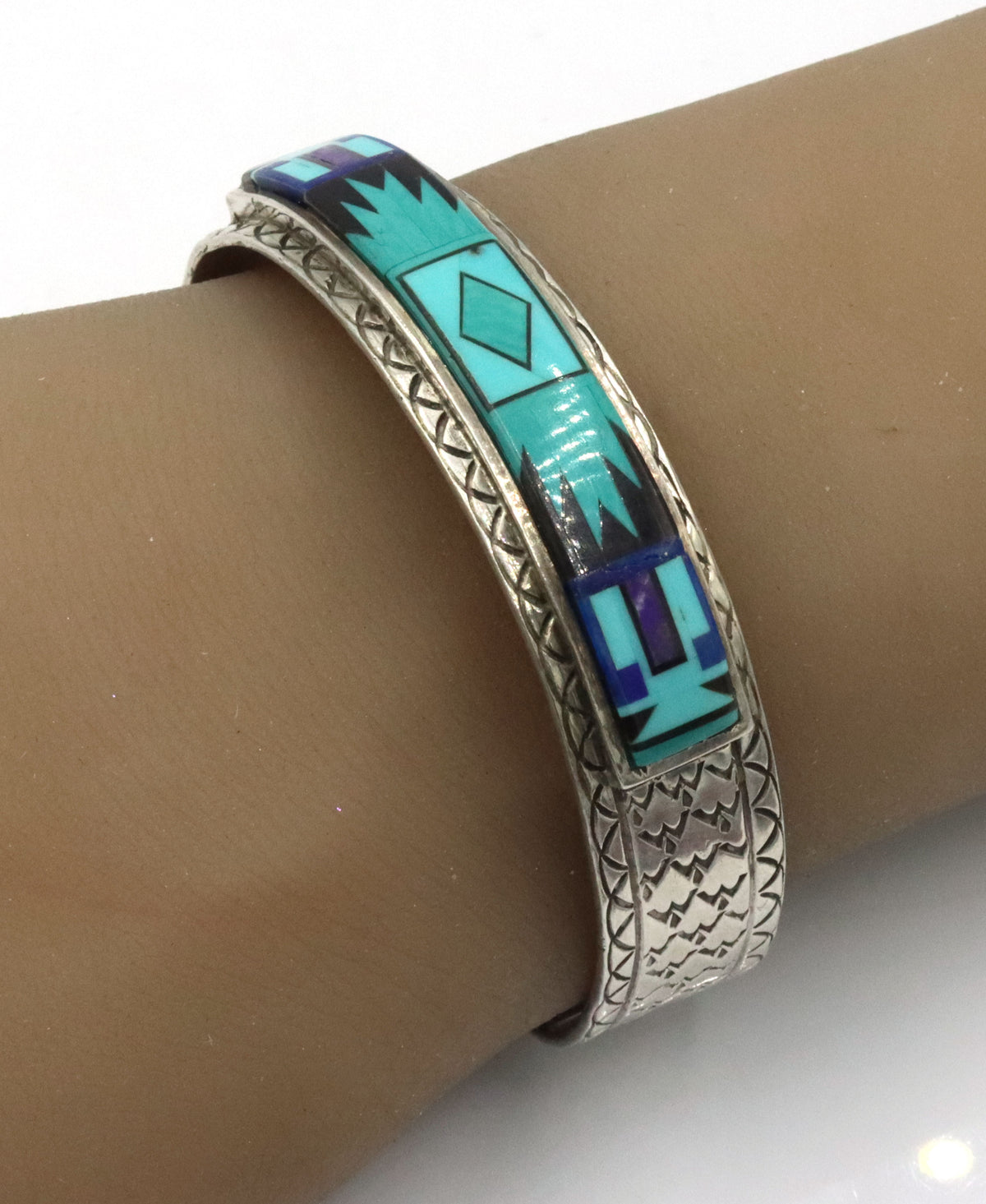 925 Sterling Silver Signed Anglo- Native Amertican Jewerly Key Johnson Geometric Inlay Of Turquoise 