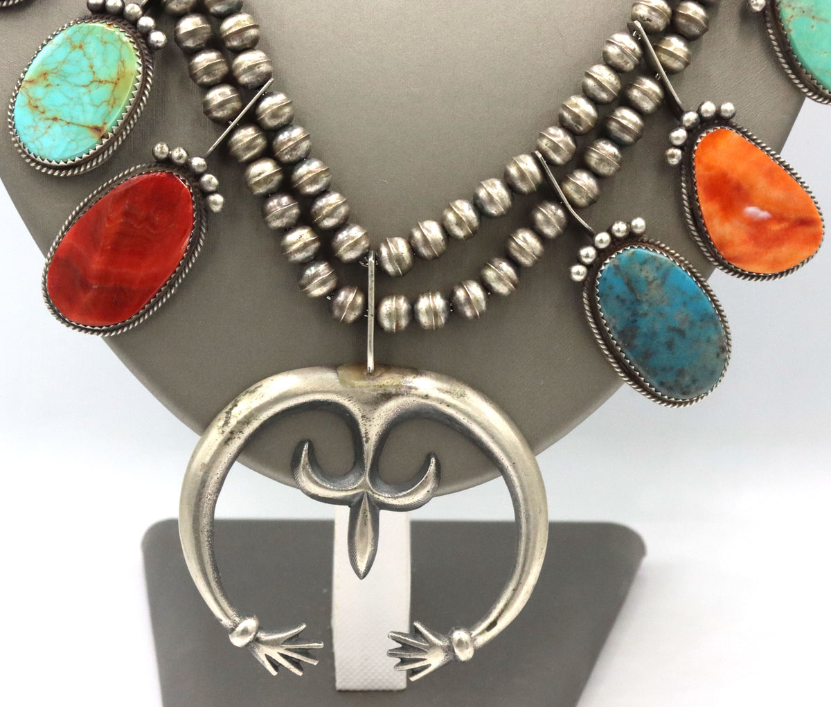 925 Sterling Silver Native American Navajo Squash Blossom Turquoise And Color Stones Necklace