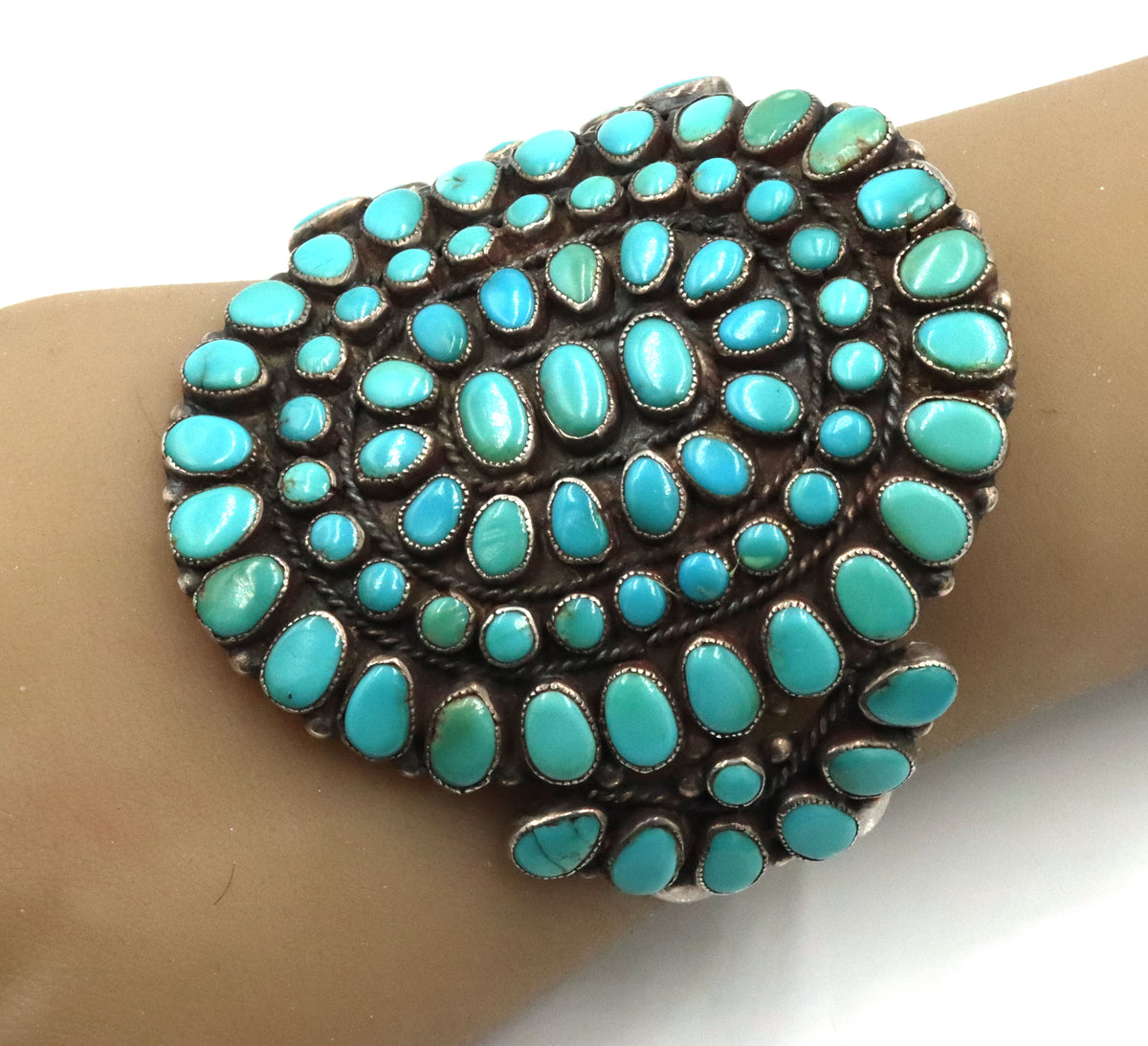 925 Vintage Sterling Silver Rare Large Intricate Cluster  Natural Turquoise Cuff Bracelet