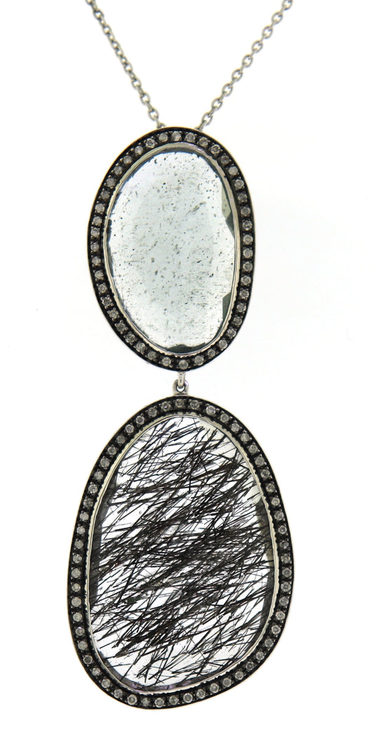 Stylish 14kt WG Aquamarine with Rutliated Quartz Slice Necklace