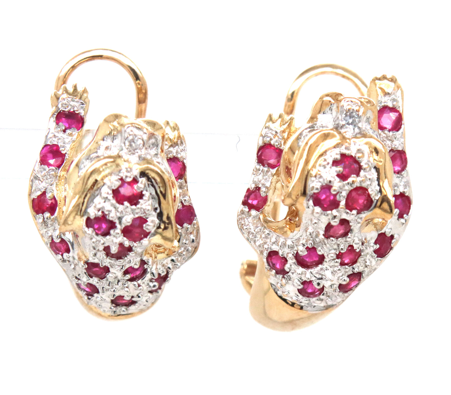 Set of 14kt Yellow gold ruby and diamond panther ring and matching earrings