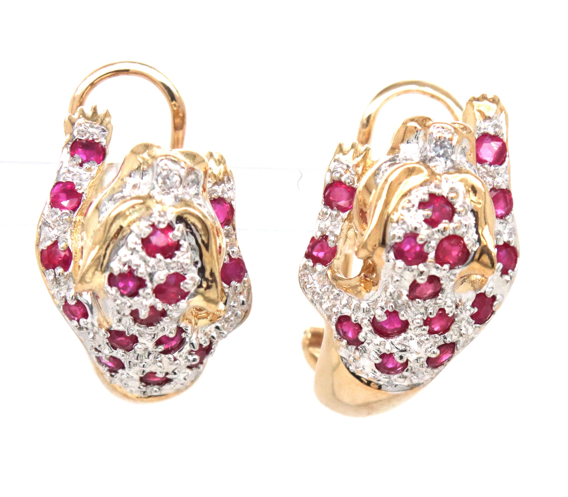 Set of 14kt Yellow gold ruby and diamond panther ring and matching earrings