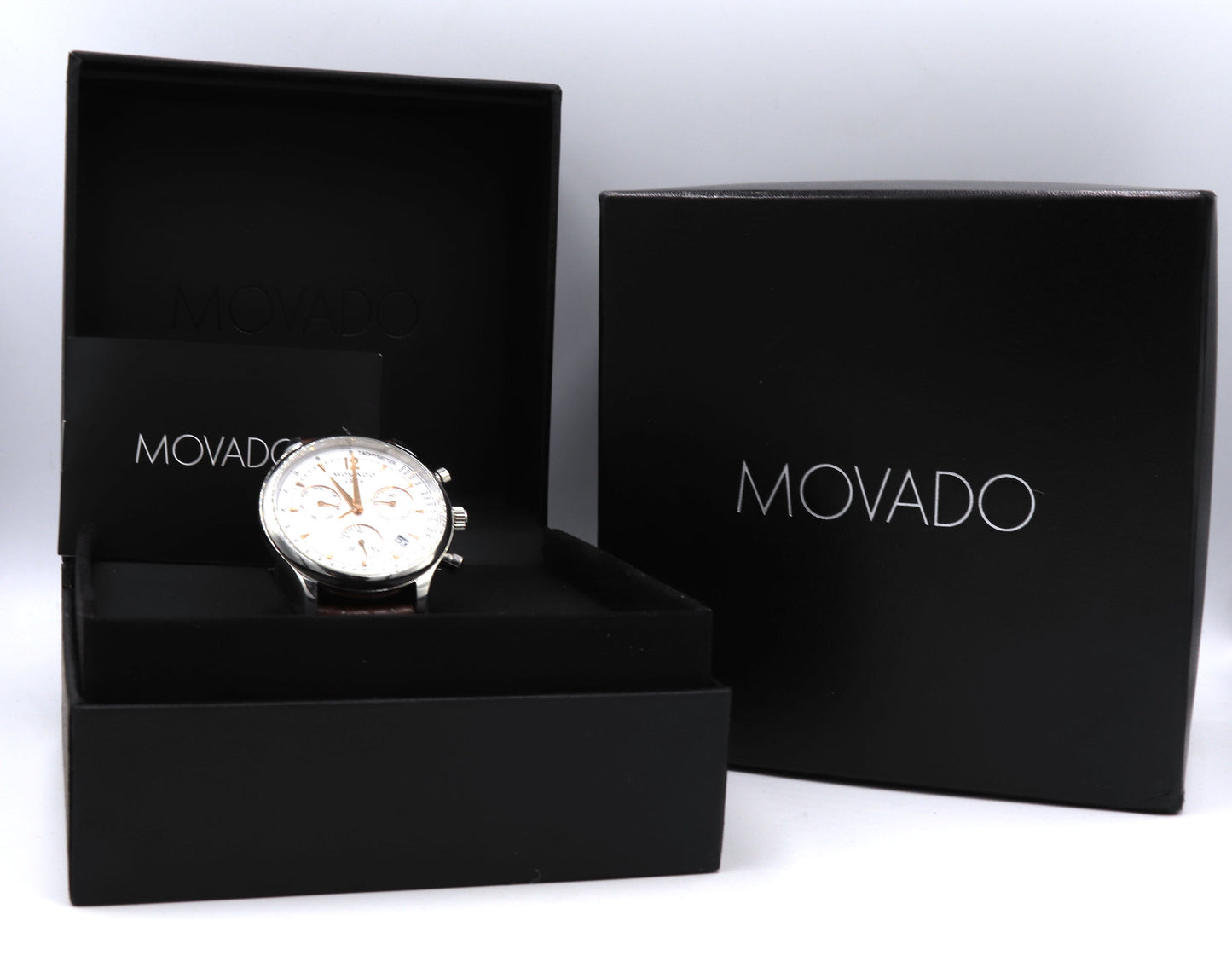 Movado Circa white dial watch with brown leather strap