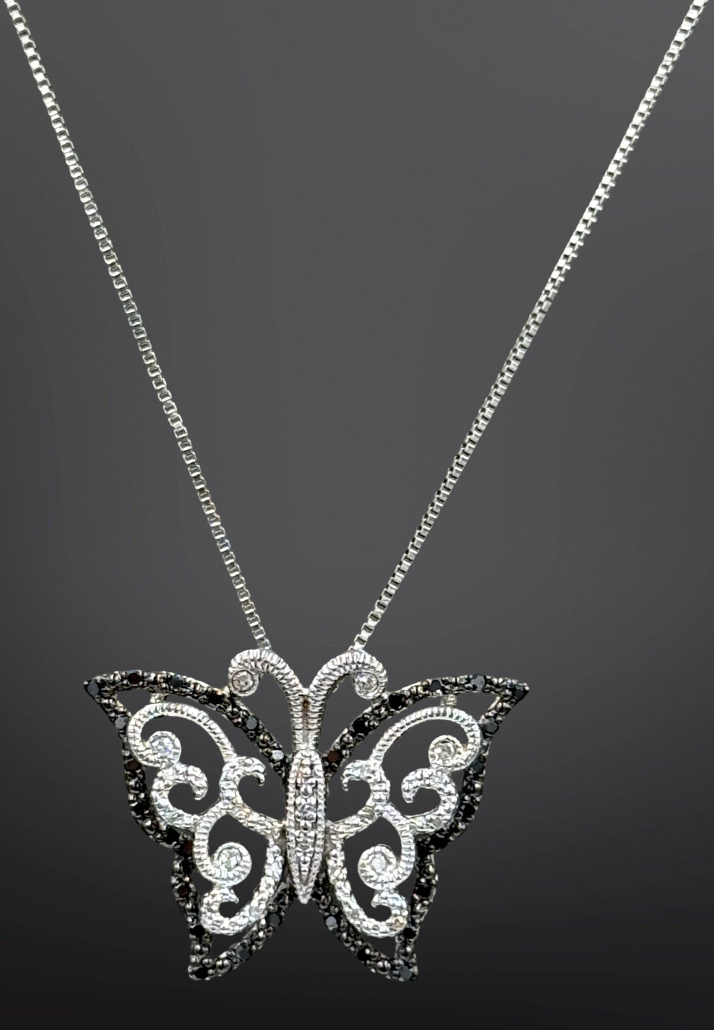 925 Sterling silver black and white diamond butterfly pendant on chain