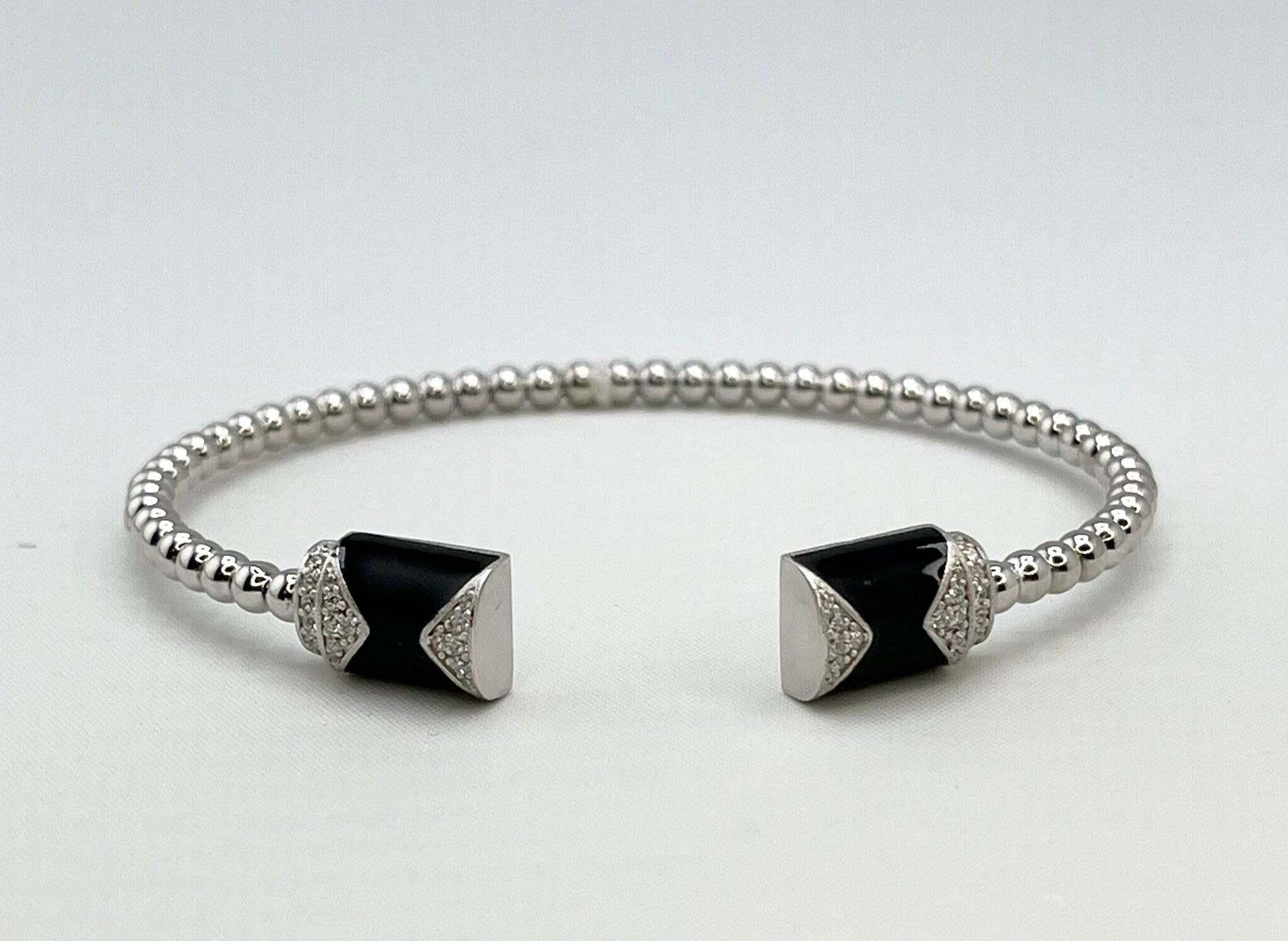 925 Sterling Silver Beaded Bar Black Onyx and Crystal Open Bangle